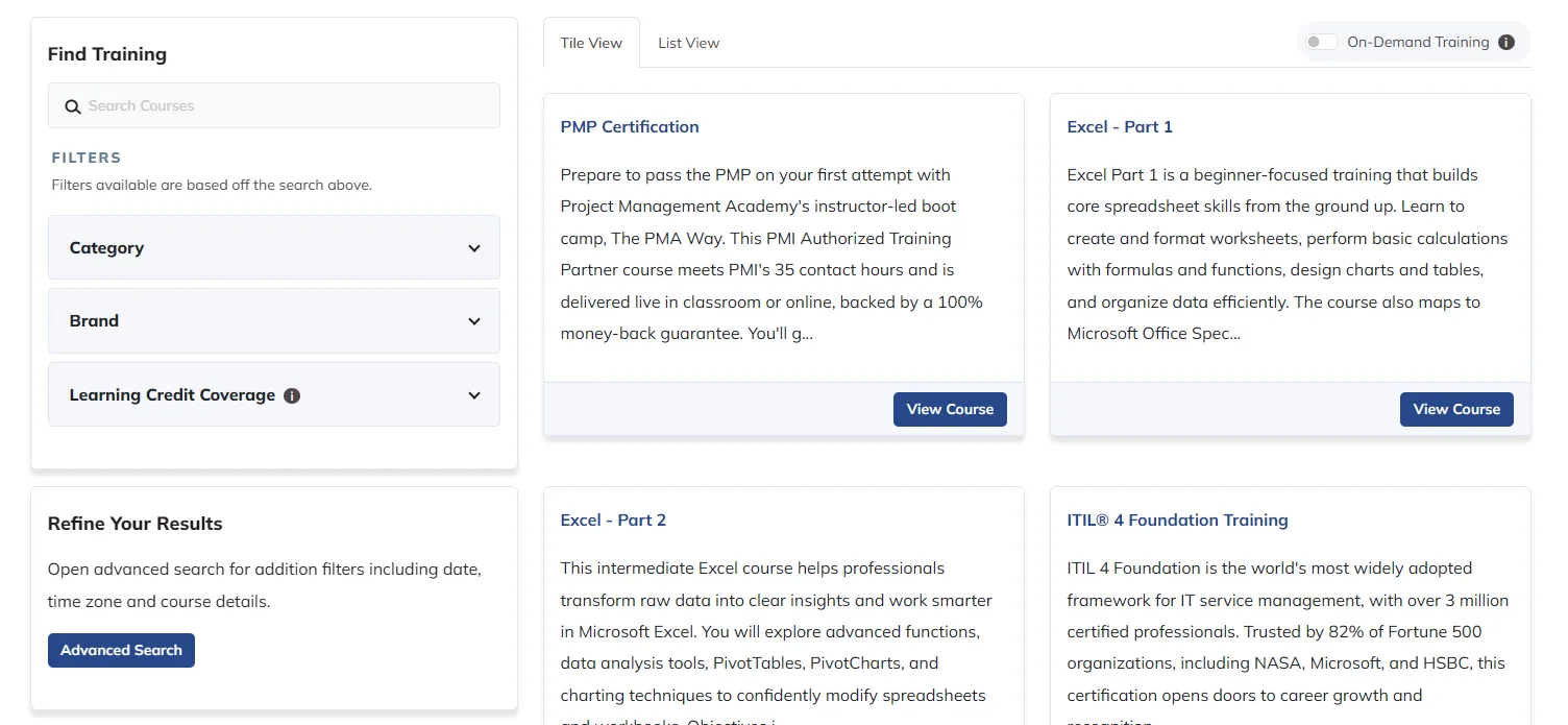 Training search page with category, brand, and learning credit filters beside course result cards