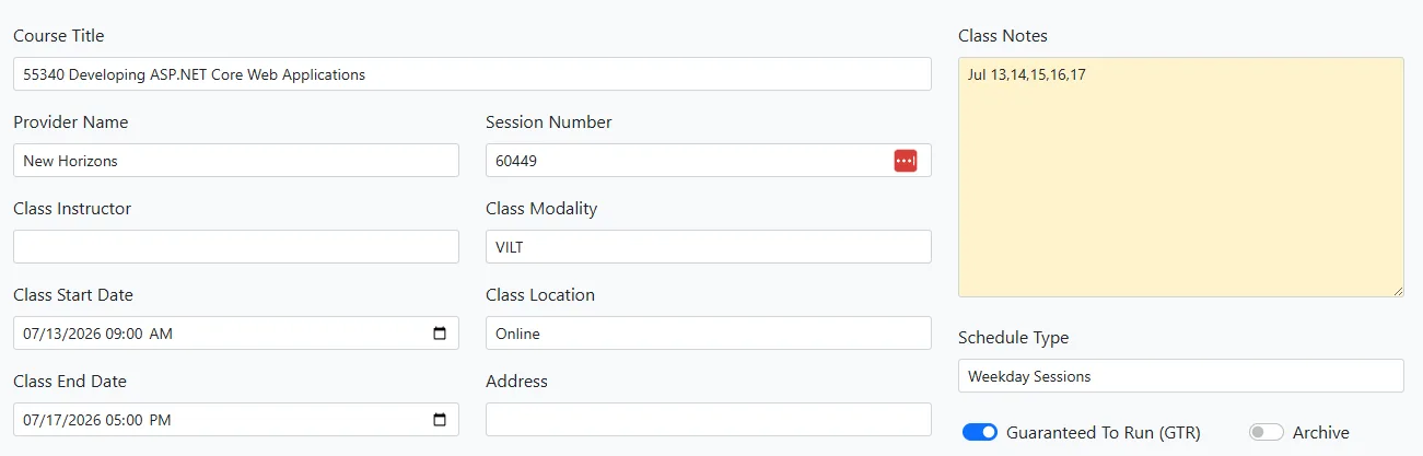 Class detail form showing course title, session number, dates, modality, and scheduling notes