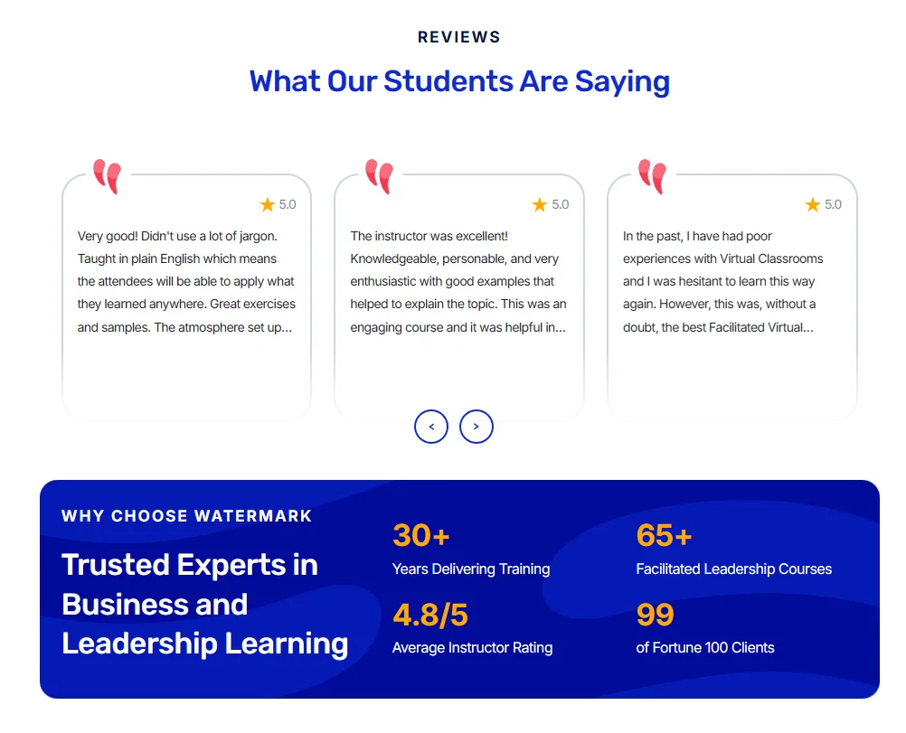 Student review cards above a stats banner with years of training and average instructor rating